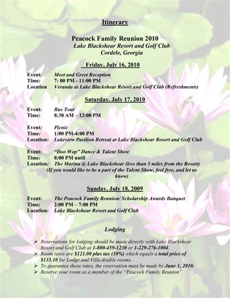 Family Reunion Itinerary Template